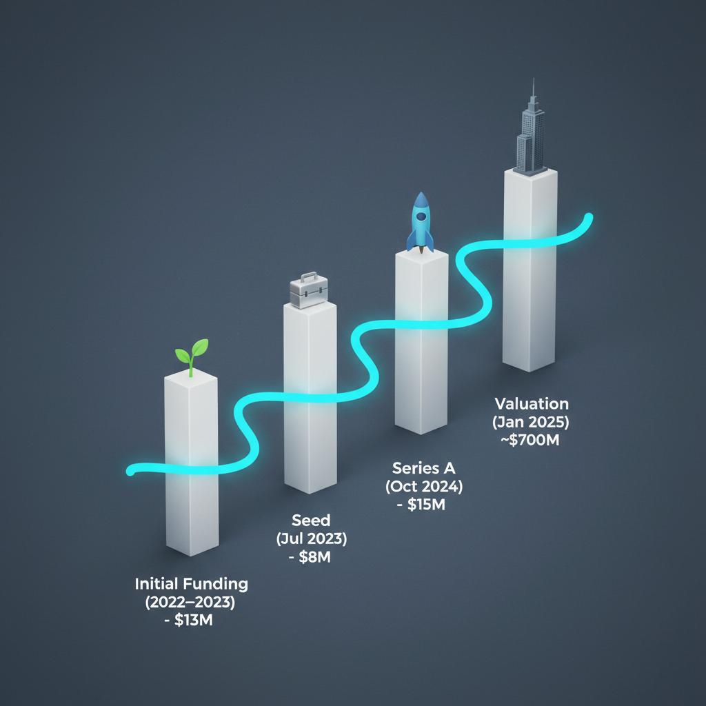 Timeline chart showing four ascending pillars representing funding rounds