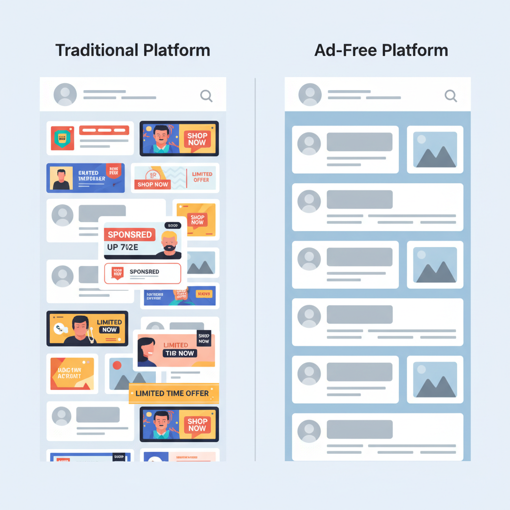Side-by-side comparison of ad-heavy versus ad-free social media interfaces